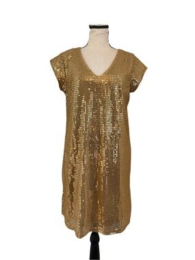 Gold Sequin Shift Dress V Neck Cap Sleeve Party Cocktail Holiday Medium